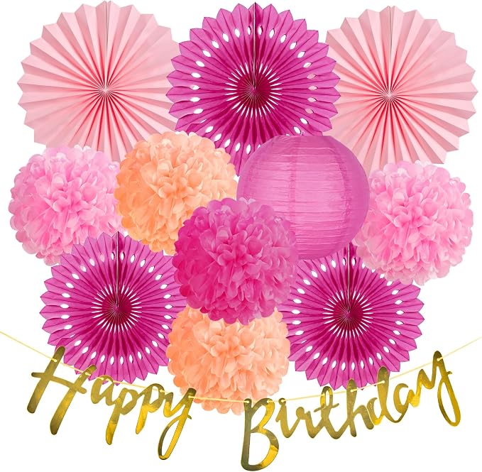 SUNBEAUTY Hot Pink Birthday Party Decorations for Girls Women with Happy Birthday Banner Hot Pink Paper Fans Tissue Pom Poms Lantern Decorations Birthday Decorations Kit