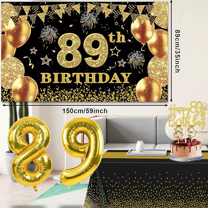 89th Birthday Decorations Men Women with 89th Birthday Banner, Black and Gold Table Cloth, Number Balloons, Sash, Cake Topper and Candles