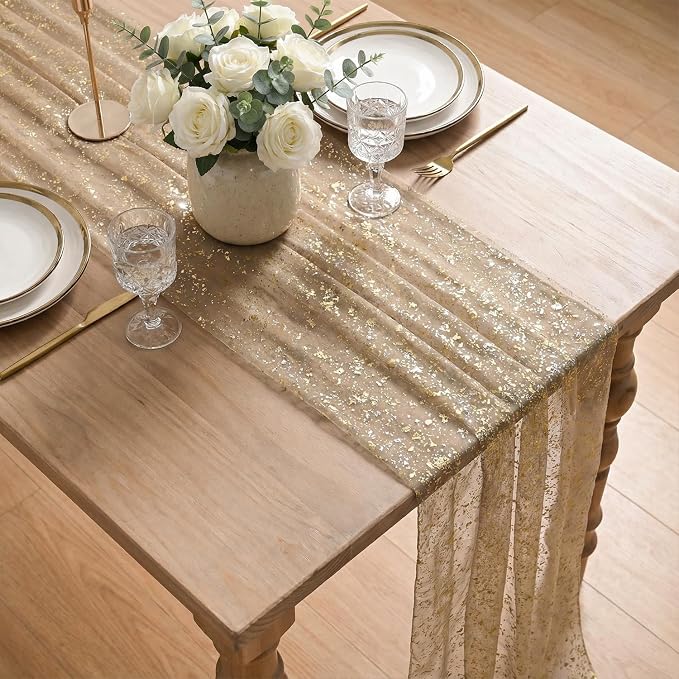 Artoid Mode 6PC Coffee Gold Gauze Table Runner 120 Inch 10FT, Glitter Metallic Foil Sheer Dining Wedding Anniversary Holiday Birthday Table Decor for Home Party