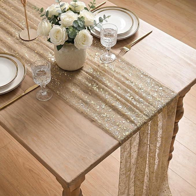 Artoid Mode 3PCCoffee Gold Gauze Table Runner 120 Inch 10FT, Glitter Metallic Foil Sheer Dining Wedding Anniversary Holiday Birthday Table Decor for Home Party