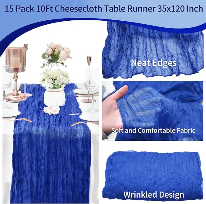 15 Pack Cheesecloth Table Runner 10Ft Boho Cheese Cloth Table Runner Gauze Table Runners 35 x120 Inch Holiday Table Cloth for Wedding Birthday Party Bridal Baby Shower Spring Table Décor(Royal Blue)