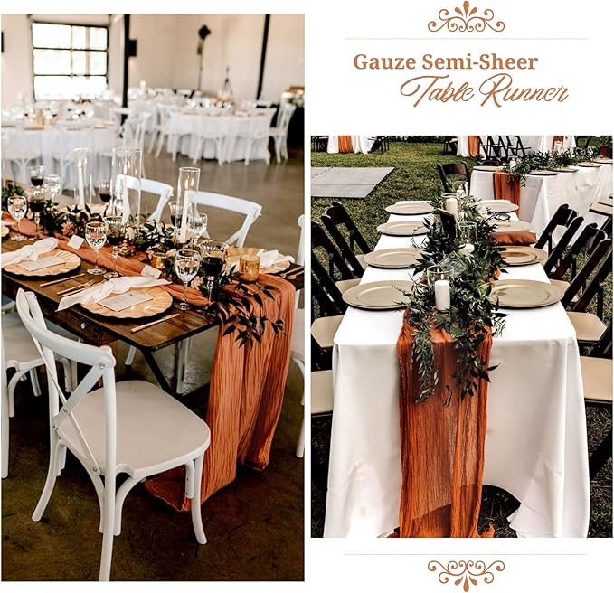Showgeous 10 Pack Terracotta Cheesecloth Table Runner, 10FT Long Semi-Sheer Boho or Rustic Gauze Table Runner Wedding Table Decor for Wedding Arch Draping Bridal Shower Holiday Party
