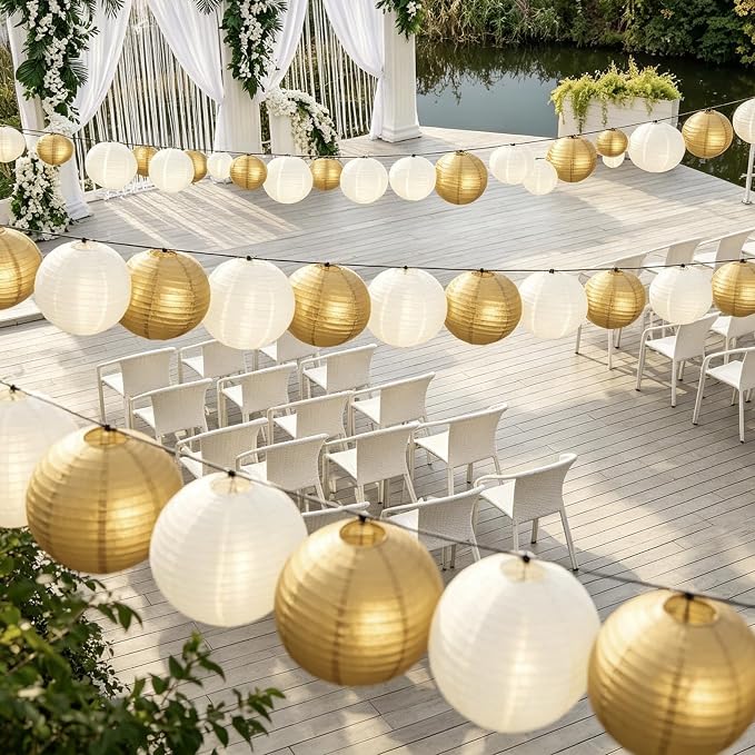 20Pcs Paper Lanterns Decorative, Gold and Ivory Round Hanging Paper Lanterns Decorations for Rustic Party Bridal Shower Wedding Birthday Party Supplies