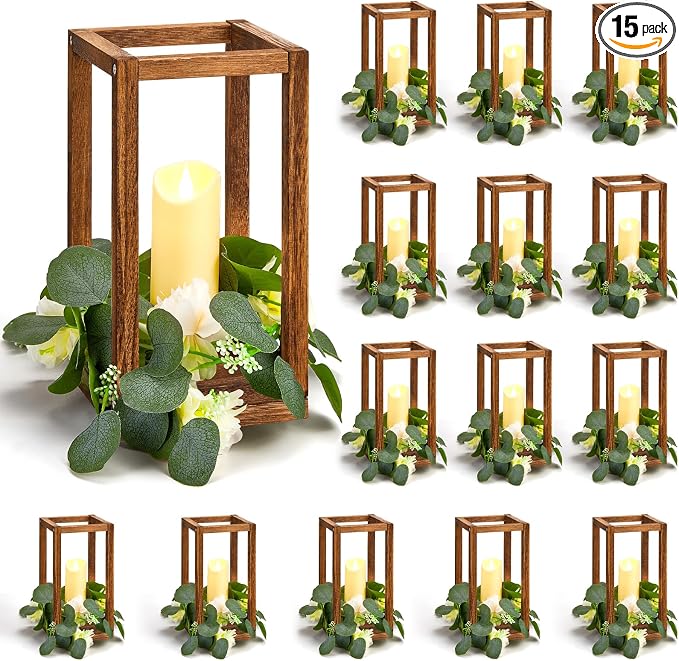 Sabary 15 Set/45 Pcs Wooden Wedding Lantern Centerpiece, Include 15 Candle Holder 15 LED Candle 15 Eucalyptus Leave Wreath for Rustic Wedding Table Decoration, Country Barn Table Valentine Decor