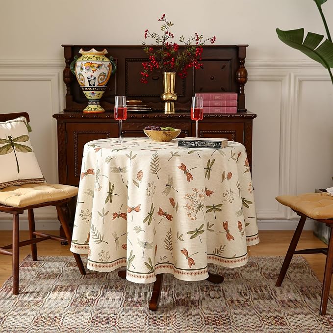 ISAENNE Designer Round Elegant Linen Tablecloth,Diameter 67"-Grace B | Vintage French Printed Table Cloth Round Table,Dragonfly Pattern,Durable,Heavyweight,Dining Room,Kitchen,Thanksgiving
