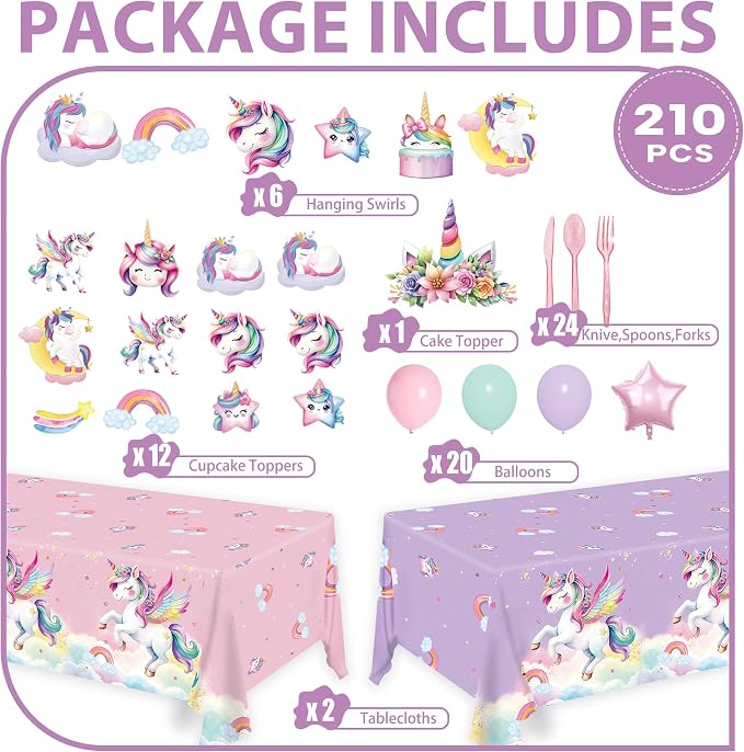 210pcs Unicorn Birthday Party Supplies Plates Napkins Unicorn Party Decorations Include Paper Plates Napkins Cup Cutlery Balloon Hanging Swirl Tablecloth Tableware for Girl Birthday Decor Serve 24