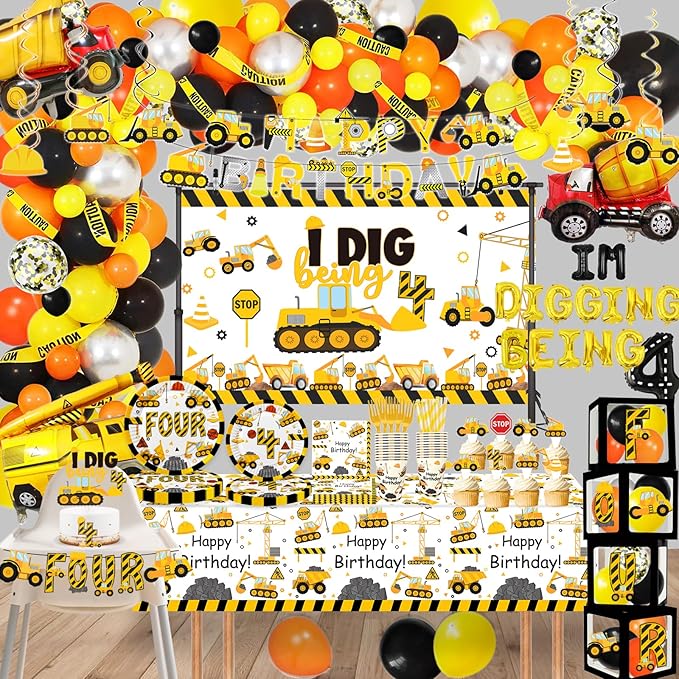 345 Pcs Construction 4th Birthday Party Supplies, Dump Truck Four Years Old Party Decorations Include Backdrop, Balloons Box, Hanging Swirls, Tablecloth, Plates, Cake Toppers, Balloons Garland Kit