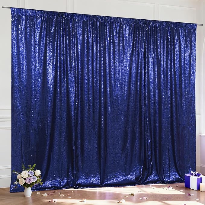 SquarePie 10x10ft Navy Blue Sequin Backdrop for Photography, Satin-Backed Real Sequin Curtain, Enhanced Coverage Shimmering Background with 4" Rod Pocket for Wedding, Birthday, Party Decor, 1 Panel