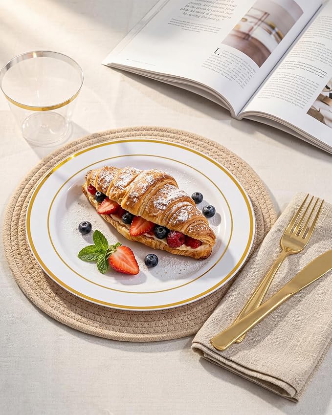 bUCLA 300PCS Gold Disposable Dinnerware Set - White and Gold Plastic Plates - Include 50 Each (Dinner&Dessert) Plates,50 Knives,50 Forks,50 Spoons,50 Cups for Party