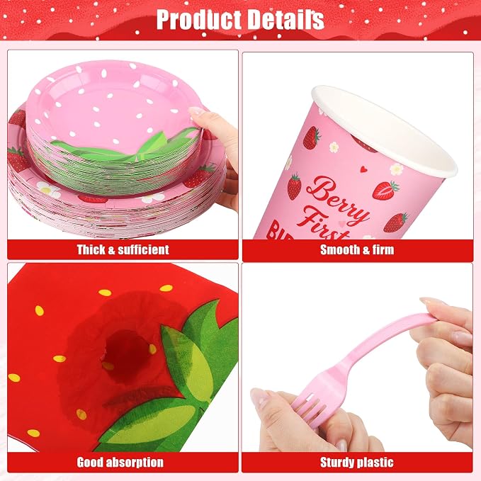 Kochorie 400 Pieces Strawberry Disposable Tableware Sets, Summer Fruit Party Supplies with Strawberry Birthday Party Plates Cups Napkins Cutlery Serves 50 for Berry First Birthday Decorations