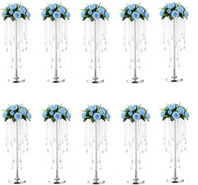 Bigsee 10 Pcs 21.65 inches Crystal Flower Stand Wedding Centerpieces for Tables, Tabletop Silver Metal Flower Arrangement Holder, Elegant Bulk Metal Vases for Reception Party Ceremony Decoration