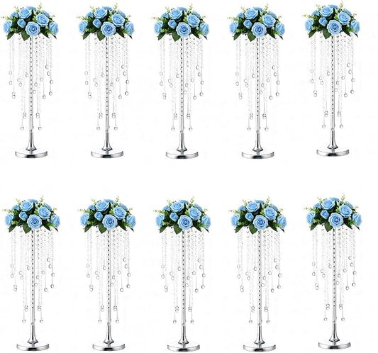 Bigsee 10 Pcs 21.65 inches Crystal Flower Stand Wedding Centerpieces for Tables, Tabletop Silver Metal Flower Arrangement Holder, Elegant Bulk Metal Vases for Reception Party Ceremony Decoration