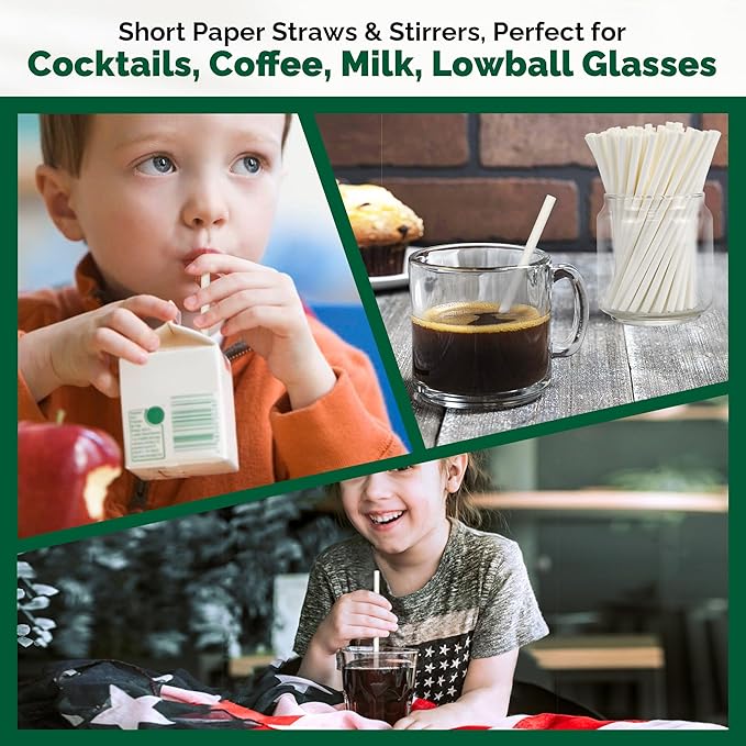 [500 Bulk] 5.75 inch White Small Paper Straws for Kids, Milk Cartons, Cocktail, Coffee, Short Drinks - Eco Friendly Disposable Drinking Straws