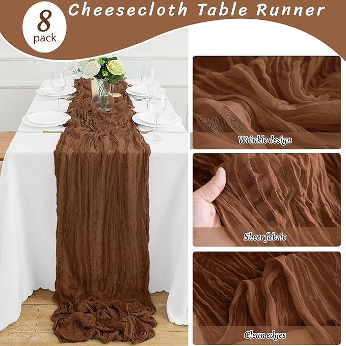 8Pack Brown Table Runner 10FT Brown Cheesecloth Table Runner 35x120Inch Long Boho Cheese Cloth Table Runners Rustic Gauze Table Runners for Party Wedding Bridal Shower Baby Shower Decorations