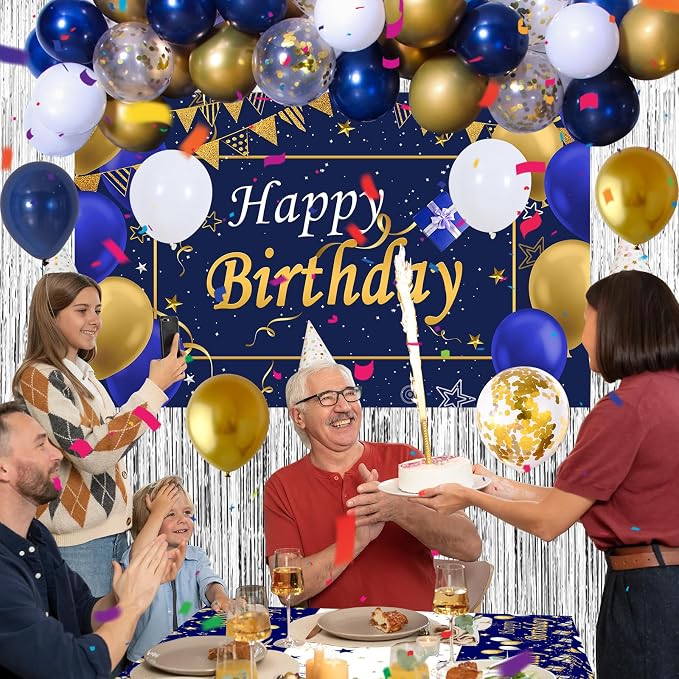 Blue and Gold Birthday Decorations for Men Women, Happy Birthday Decorations fo Boys Girls Party Decoration Backdrop & Tablecloth Balloons Arch Kit Confetti Balloons Foil Fringe Curtains Table Cover