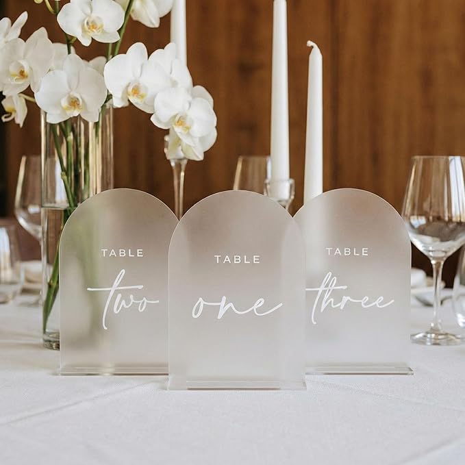 Frosted Arched Wedding Table Numbers 1-20 with Stands, 5x7 Inch Acrylic Arch Sign with Raised White Numbers, 3D Arched Acrylic Table Numbers for Wedding Reception