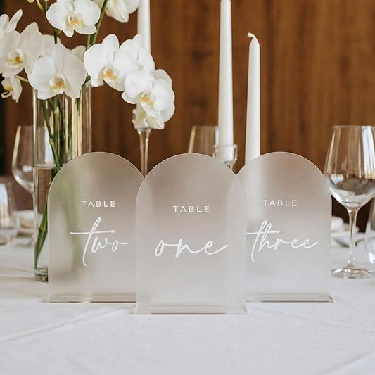 Frosted Arched Wedding Table Numbers 1-20 with Stands, 5x7 Inch Acrylic Arch Sign with Raised White Numbers, 3D Arched Acrylic Table Numbers for Wedding Reception