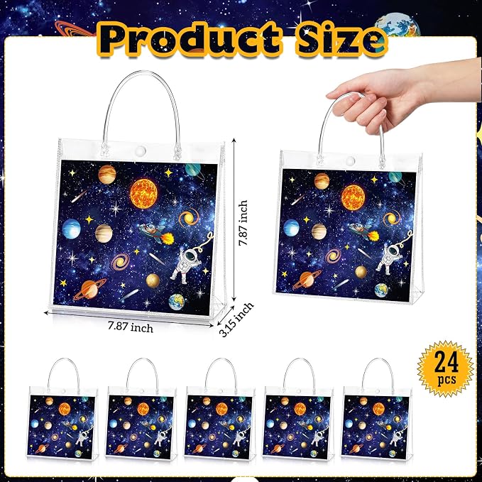 Hosuly 24 Pcs Outer Space Party Favor Bags with Handles, Clear PVC Planet Astronaut Goodie Treat Gift Bags for Solar System Birthday Baby Shower Space Party Favors Supplies 7.9 x 7.9 x 3.1Inch