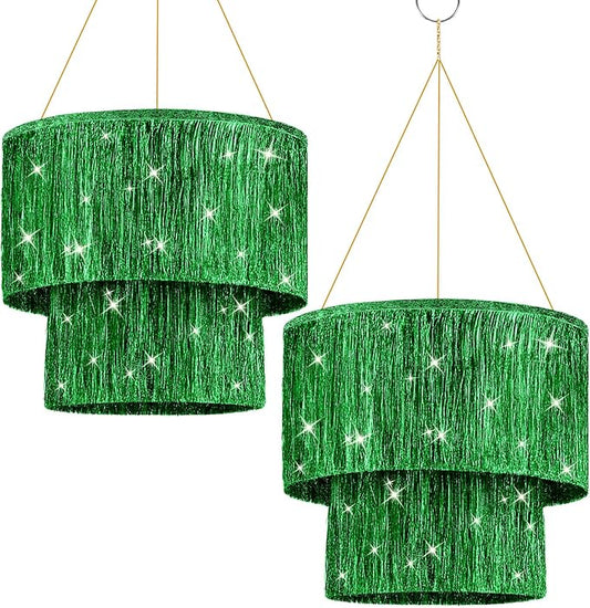 Novabright 2 Pcs 2 Tier Fringe Tinsel Chandelier Foil Iridescent Tassels Trim Shiny Hanging Disco Ball Ceiling Decor for Wedding Anniversaries Birthday 1920s Themed Party(Green)