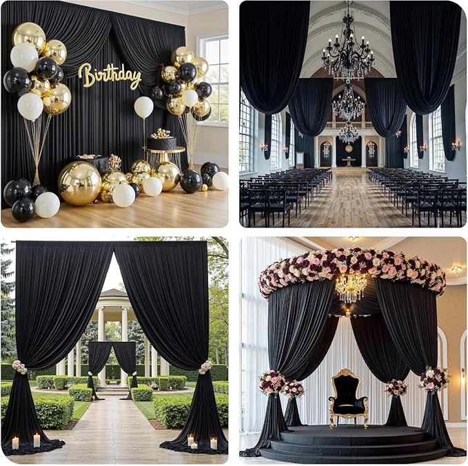 50ft×12ft Black Backdrop Curtain for Wedding Parties, 10 Panels Wrinkle Free Polyester Photo Backdrop Drapes Back Drop Cloth for Birthday Photography Background