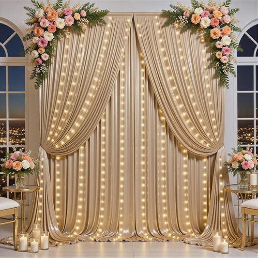 Outpain 10x10ft Champagne Sequin Backdrop Curtains with Light -Lighted Up Champagne Photo Backdrops with Non-Shedding Glitter, Wrinkle-Free Drapes for Wedding/Christmas/Studio(5x10ft 2 Panels)