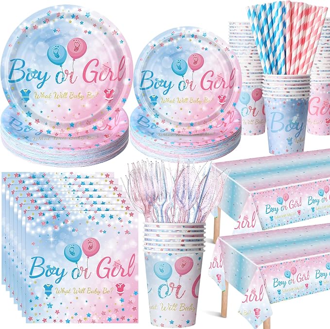 Funnymoom 452 Pcs Gender Reveal Party Supplies for 50 Guests, Pink and Blue Gender Reveal Paper Plates Napkins Cups Tablecloth Cutlery Straws Disposable Tableware for Baby Shower Party Decoration