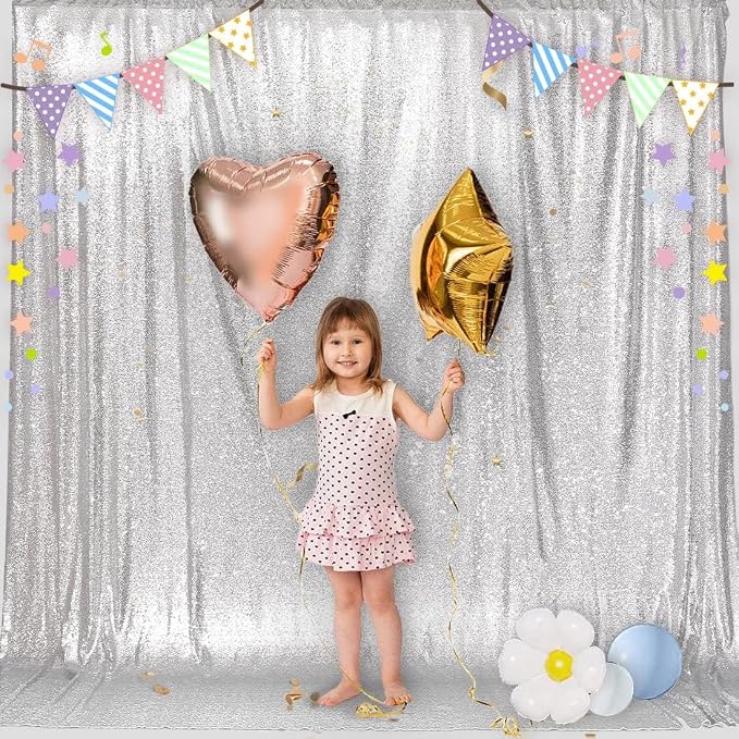 PartyDelight Silver Sequin Backdrop 6x6ft 4 Inch Rod Pocket | 3mm stitched silver sequins on mesh backing with 4 inch rod pocket for full body photos ceremony arches party walls and stage