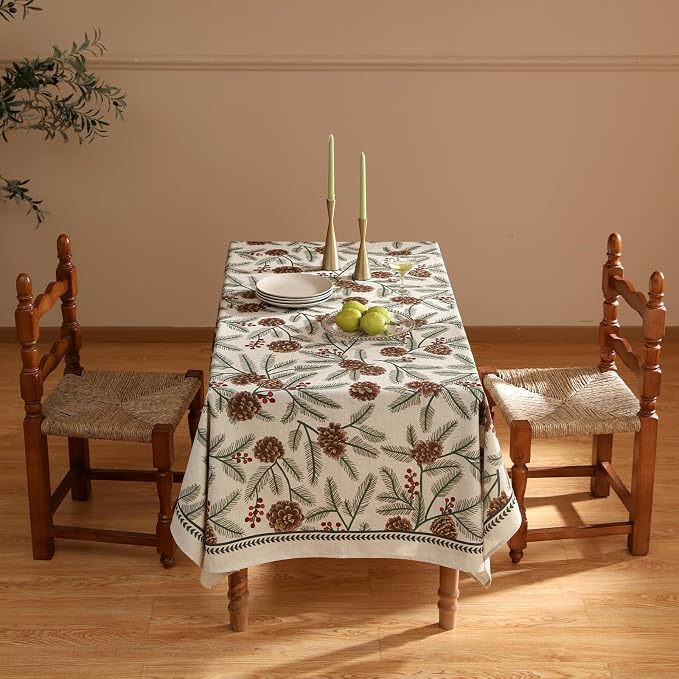 ISAENNE Designer Vintage Linen Rectangular Tablecloth,110"x63"-Carol B | French Elegant Table Cloth Rectangle Table,Pinecones Pattern,Decor,Dining Room,Kitchen,Tea Party,Thanksgiving,Christmas