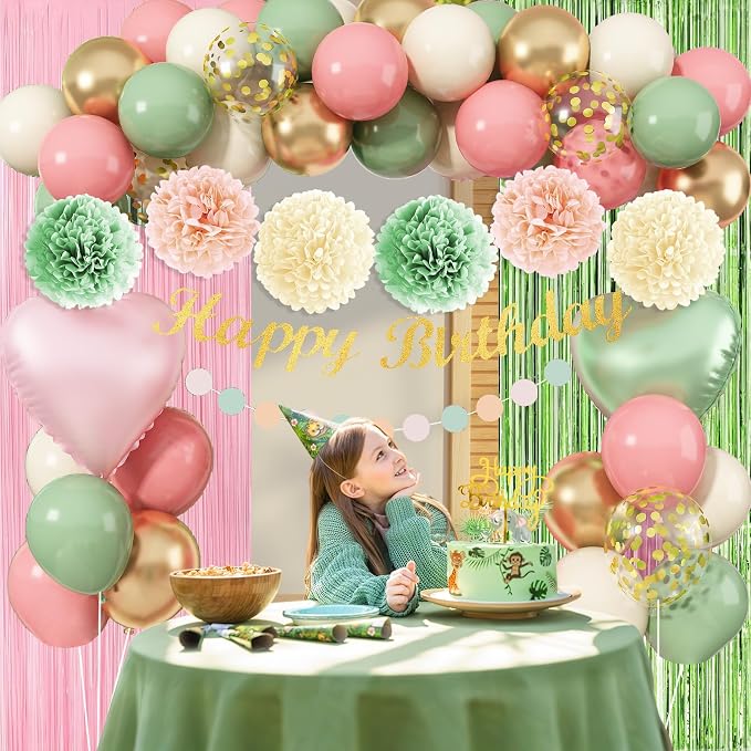 Jobkoo Sage Green Pink Birthday Decorations, Blush Pink Olive Green Gold Sand White Latex Confetti Balloons Boho Happy Birthday Banner Fringe Curtain Pompom for Women Girls Woodland Fairy Party Decor
