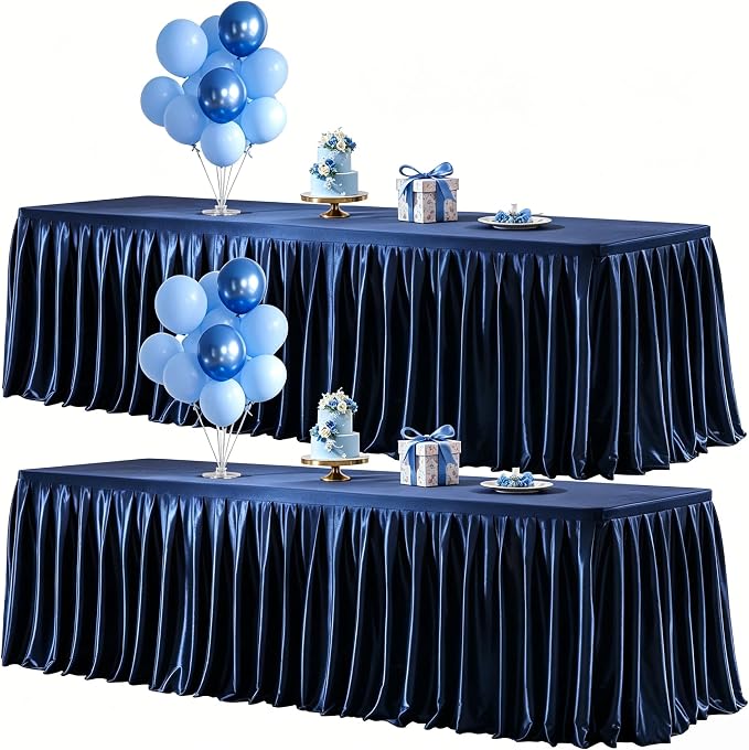 Wish Care 2 Pack Satin Table Cover Skirts for 6ft Rectangular Tables, Navy Blue Shimmer Silk Tablecloth with Floor Length Ruffle for Wedding Banquet Party Buffet Decoration
