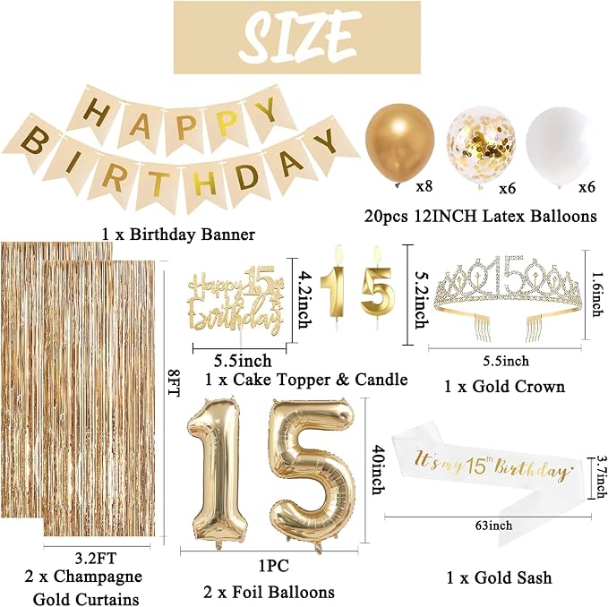 Trgowaul 15th Birthday Decorations for Girls, Banner, Sash and Crown, Cake Topper, 15 Number Balloon, Fringe Curtains, Champagne Gold 15th Birthday Party Supplies