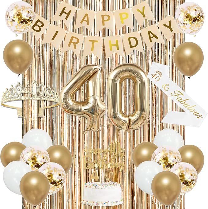 Trgowaul 40th Birthday Decorations for Women, Banner, Sash and Crown, Cake Topper, 40 Number Balloon, Fringe Curtains, Champagne Gold 40th Birthday Party Supplies
