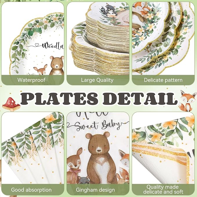 Funnymoom 400 Pcs Woodland Baby Shower Party Supplies for 50 Forest Animals Mountain Wilderness Plates Napkins Cups Spoons Forks Knives for Neutral Forest Animal Baby Shower(Green and Gold, Woodland)
