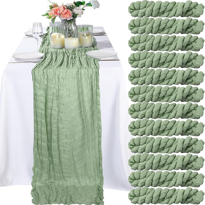 Foaincore 12 Pack Green Table Runner 10Ft Boho Gauze Cheesecloth Table Runner 120" Long Cheese Cloth Romantic for Wedding Bridal Baby Shower Arbor Decor