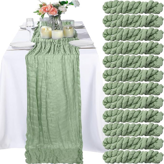 Foaincore 12 Pack Green Table Runner 10Ft Boho Gauze Cheesecloth Table Runner 120" Long Cheese Cloth Romantic for Wedding Bridal Baby Shower Arbor Decor