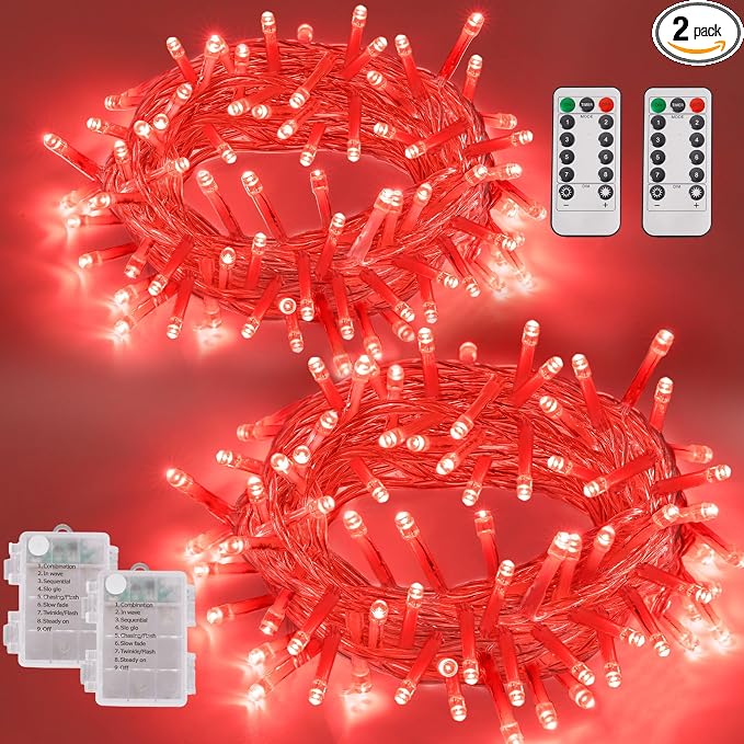 YEGUO Battery Operated String Lights, 2 Pack Each 33ft 100 LED Twinkle Fairy Lights Outdoor Waterproof, 8 Modes Clear Wire Red Christmas Lights Indoor with Remote