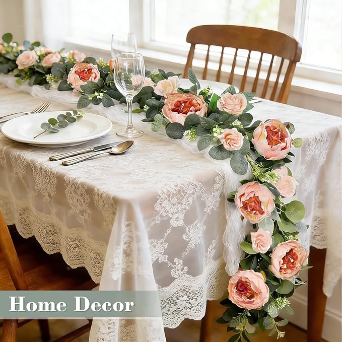 2 Pack 12Ft Artificial Eucalyptus Floral Garland with 16 Flowers Vintage Peony Rose, Pink Fake Flower Greenery Spring Garland Floral Vines for Mantle Wedding Arch Home Table Runner Backdrop Decor
