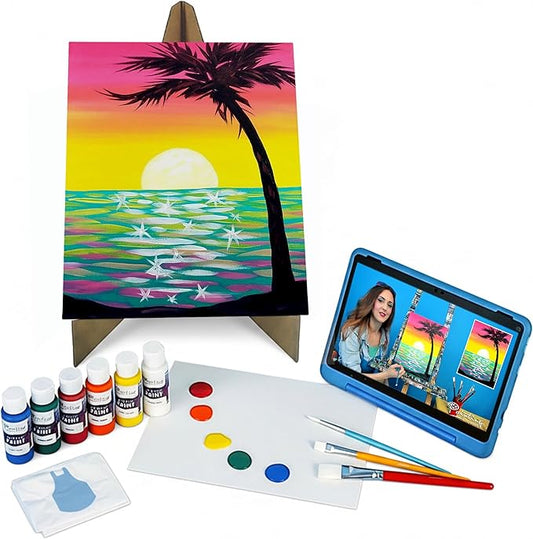 Painting to Gogh - Where the Sky Meets the Sea – Junior Artist Painting Kit – Ages 6+ – 11x14 Canvas, 3 Paint Brushes, Acrylic Paint, Cardboard Easel, Palette, Apron & Step-by-Step Tutorial for Kids