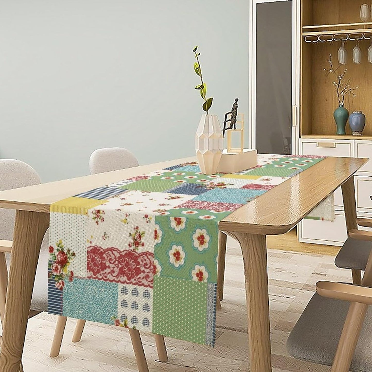 Patchwork Boho Table Runner,Vintage Colorful Floral Plaid Polka Dot Print Tablecloth Burlap for Hotel Indoors Outdoor Dining Room Kitchen Home Decor,W13X L36 in