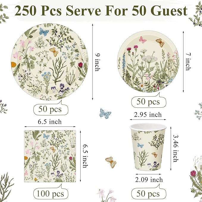 Ziliny 250 Pcs Wildflower Party Decorations Include Spring Summer Floral Paper Plates Napkins and Cups for Wildflower Baby Shower Tea Decorations, Serve 50 Guest(Light Green,Vintage Style)