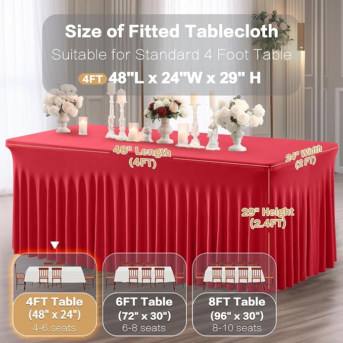 Shillance 2 Packs Red Spandex Table Clothes for 4 Foot Rectangle Table, Spandex Table Covers 4FT Stretch Table Skirts Wrinkle Free Fitted Table Cloth for Valentines, Event, Wedding, Banquet & Parties