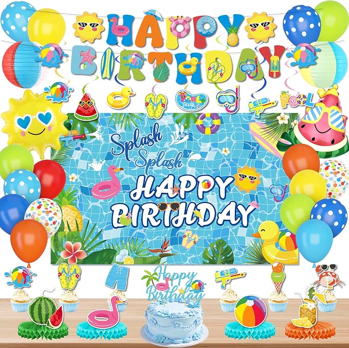 Summer Pool Beach Birthday Party Decorations, Splash Summer Backdrop Banner Hanging Swirls Honeycomb Centerpieces Cake Toppers Foil Balloons for Tropical Swimming Luau Water Hawaiian Party Decor(Blue)
