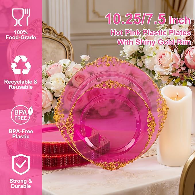 102PCS Clear Hot Pink Plastic Plates - Pink Disposable Plate with Gold Rim - Hot Pink Party Plates Include 51PCS 7.5inch Dessert & 10.25inch Dinner Plate for Wedding Birthday Party Mother’s Day