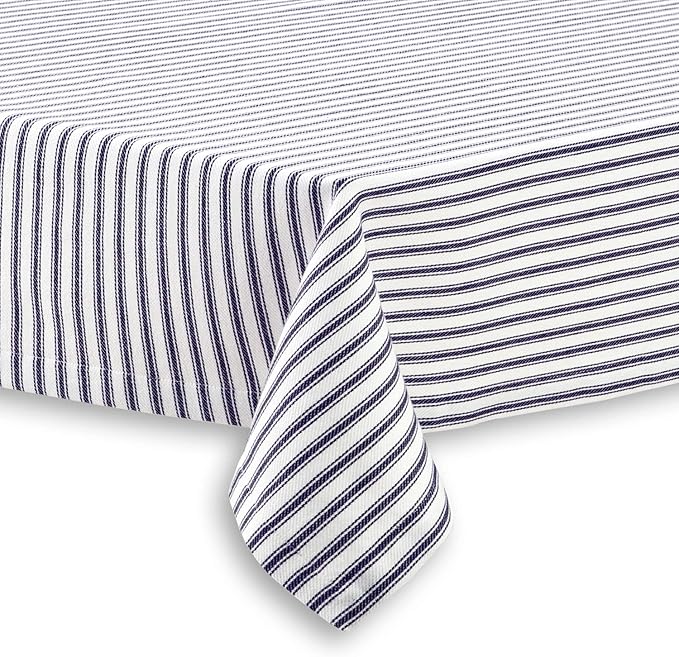 Navy Blue and White Ticking Stripe Woven Cotton Fabric Tablecloth, 60 x 102 Rectangular