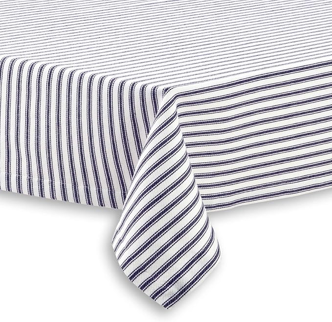 Navy Blue and White Ticking Stripe Woven Cotton Fabric Tablecloth, 60 x 84 Oval