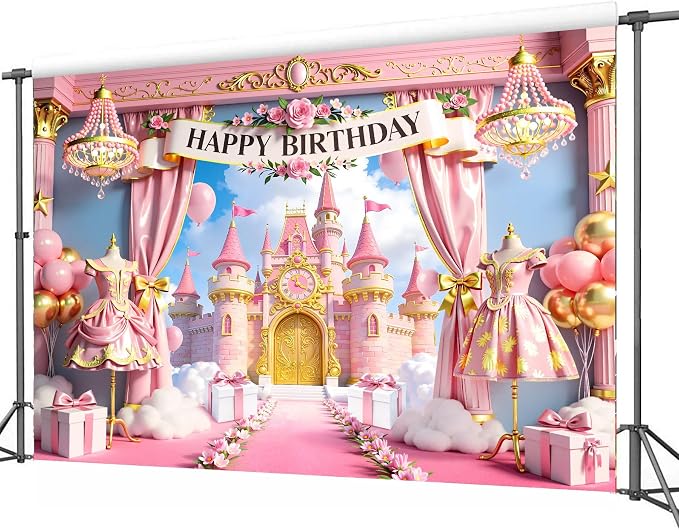 Princess Castle Happy Birthday Backdrop 7Wx5H Feet Polyester Fabric Pink Goled Balloons Pastel Cloudy Sky Cute Fantasy Decoration Girly Beautiful Photography Background Photo Shoot Props