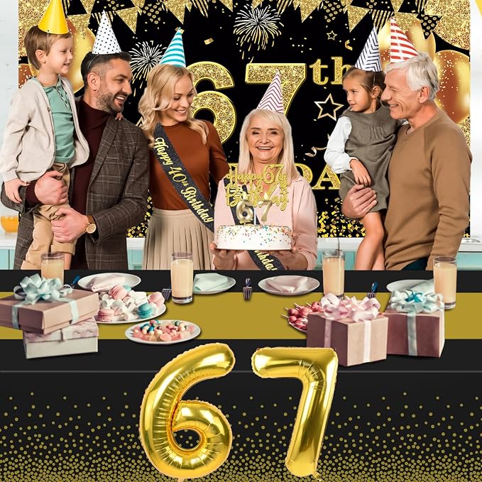 67th Birthday Decorations Men Women with 67th Birthday Banner, Black and Gold Table Cloth, Number Balloons, Sash, Cake Topper and Candles