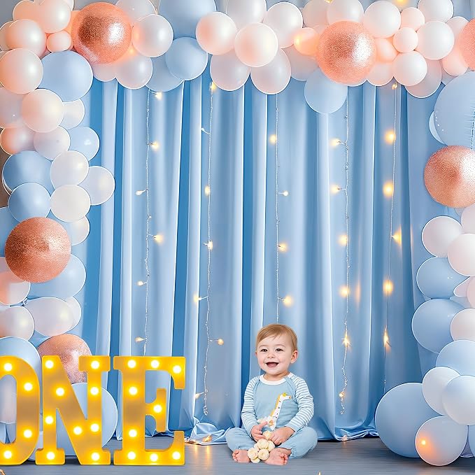 20x10FT Blue Backdrop Curtains with Lights for Parties,Wrinkle Free Wedding Photo Backdrop Curtains for Baby Shower Birthday Ceremony Reception Home Party Decorations-5ft x 10ft,4 Panels
