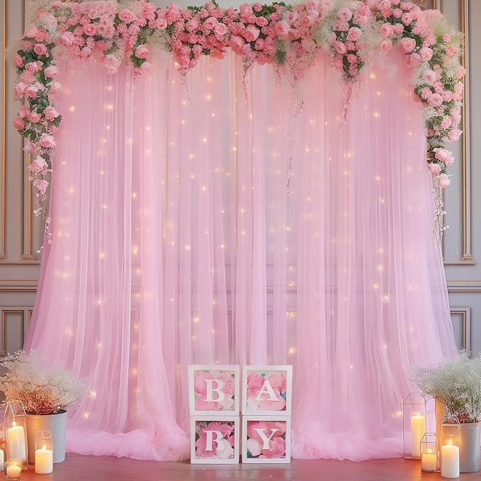 10x8ft Baby Pink Tulle Backdrop Curtain with Lights String for Parites, Sheer Backdrop Curtains for Wedding Baby Shower Birthday Party Photo Shoot Decorations