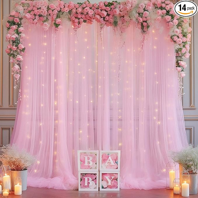 10×10ft Pink Tulle Backdrop Curtain with Lights String for Parties, Sheer Photo Curtain Backdrop Drapes for Wedding Party Photography Backgrounds